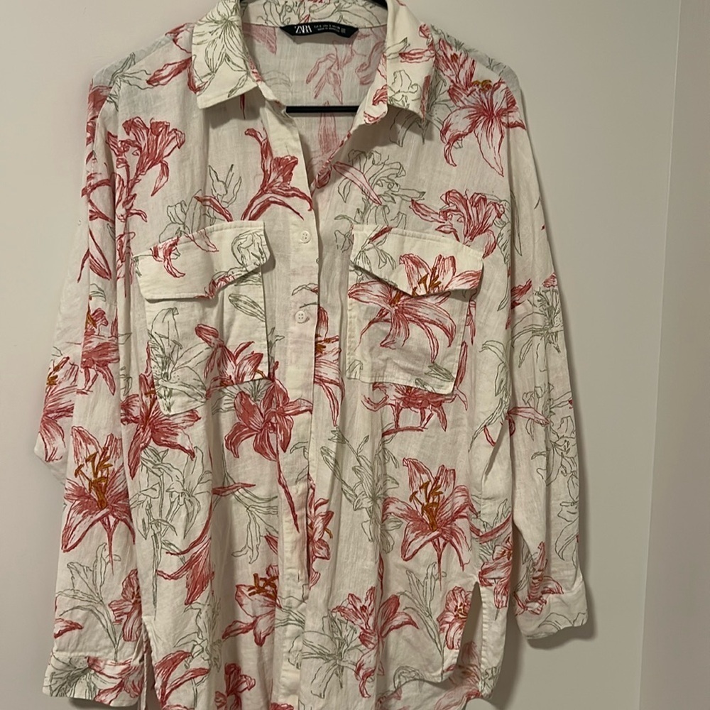 Zara 15% Linen Flower Floral Button Down Long Sleeve Shirt Size Small